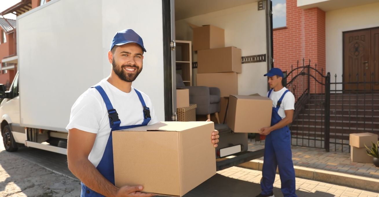 Trabajadores de una empresa de mudanzas levantando cajas